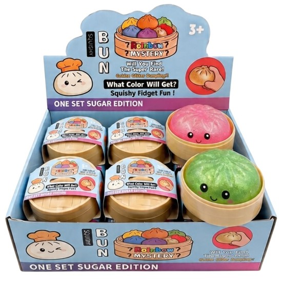 Toys Revolution Mystery Bun Squishy - Sugar Dumpling - Mirdzoša antistresa skvīša rotaļlieta kapsulā / varavīksnes pārsteigums