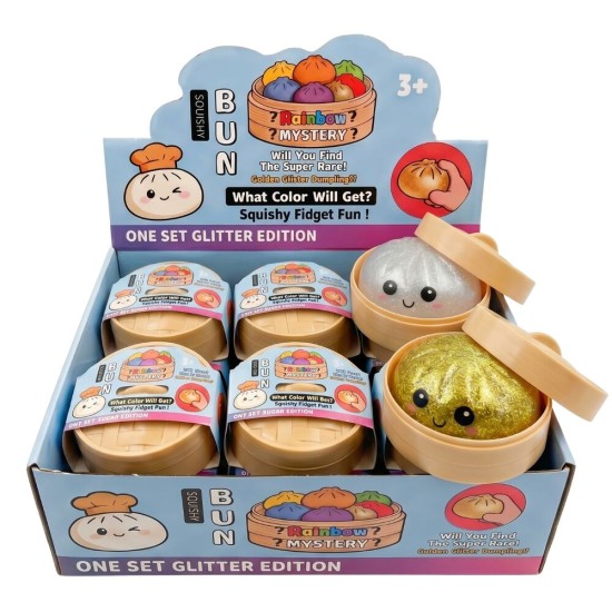 Toys Revolution Mystery Bun Squishy - Glitter Dumpling - Mirdzoša antistresa skvīša rotaļlieta kapsulā / varavīksnes pārsteigums