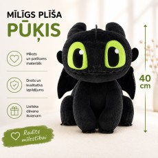 How to Train Your Dragon - Black Plush Dragon Toy with Green Eyes 40cm