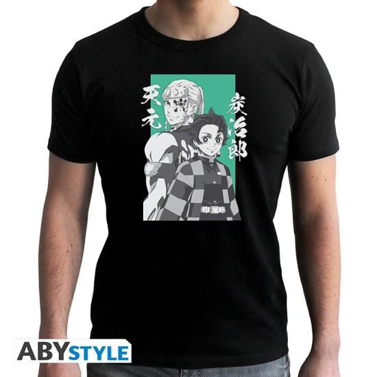 ABYstyle Demon Slayer Tanjiro & Tengen T-shirt - XL izmērs / Melns - Vīriešu kokvilnas T-krekls