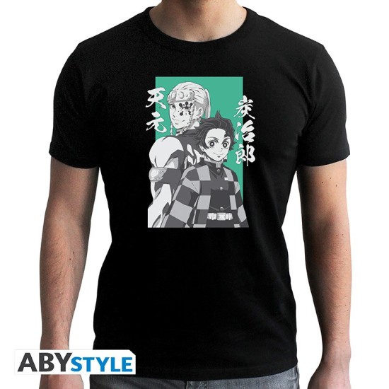 ABYstyle Demon Slayer Tanjiro & Tengen T-shirt - S izmērs / Melns - Vīriešu kokvilnas T-krekls