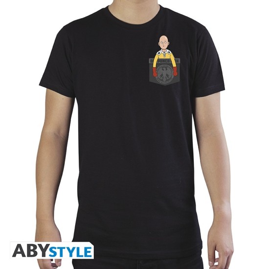 ABYstyle One-Punch Man Saitama Pocket Size T-shirt - S izmērs / Melns - Vīriešu kokvilnas T-krekls