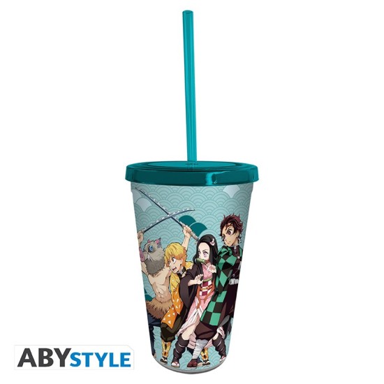 ABYstyle Demon Slayer Glass with Straw 470ml - Group - Glāze ar salmiņu un vāku