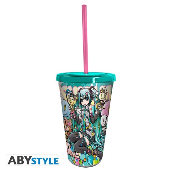 ABYstyle Hatsune Miku Glass with Straw 470ml - Miku Band - Glāze ar salmiņu un vāku