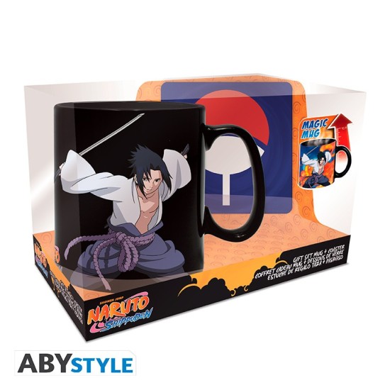 ABYstyle Naruto Shippuden Gift Set Heat Change Mug 460 ml / Coaster - Uchiha - Komplekts krūze / paliktnis