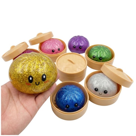 Toys Revolution Mystery Bun Squishy - Glitter Dumpling - Mirdzoša antistresa skvīša rotaļlieta kapsulā / varavīksnes pārsteigums