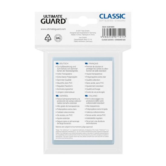 Ultimate Guard 100gab. Classic Soft Sleeves Standard Size (66 x 93 mm) - Īpaši caurspīdīgi polipropilēna ieliktņi standarta izmēra kartēm