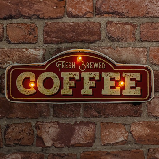 Forever Retro Metal Sign LED Light 40 x 14 x 6 cm (2xAA Batteries or USB plug) - Fresh Brewed Coffee - Dekoratīva LED lampa