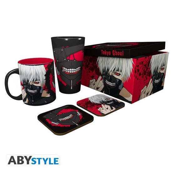 ABYstyle Tokyo Ghoul:re Gift Set Mug / Glass / 2 Coasters - Ken - Komplekts krūze / glāze / paliktnis