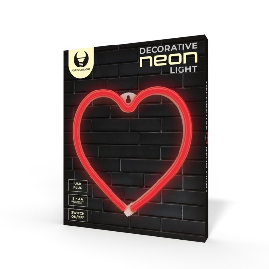 Forever Decorative Neon LED Light 21 x 20 x 2 cm (3xAA Batteries or USB plug) - Heart