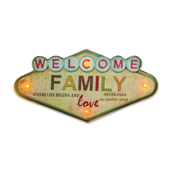 Forever Retro Metal Sign LED Light 49 x 25 x 5 cm (2xAA Batteries or USB plug) - Welcome Family - Dekoratīva LED lampa