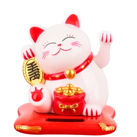 Solar-Powered Japanese traditional figurine Maneki-neko (Beckoning Lucky Cat) - White
