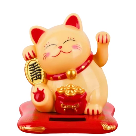Solar-Powered Japanese traditional figurine Maneki-neko (Beckoning Lucky Cat) - Beige