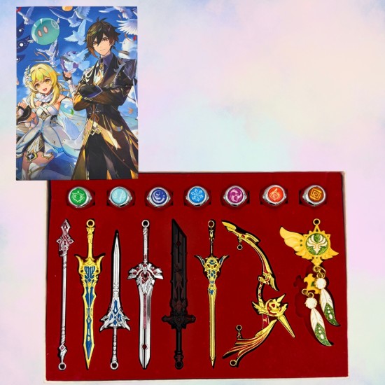 Genshin Impact Mini Swords Keychains (8.pcs) and Rings Set (7.pcs) - Gredzenu un atslēgu piekariņu komplekts