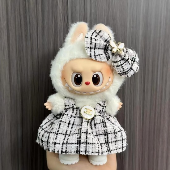 Fashion Labubu Dress Clothes - Balta adīta kleita ar bantīti (Rūtaina) - Labubu apģērbs