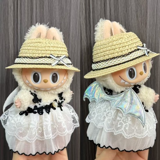 Fashion Labubu Dress Clothes - Balta kleita “Lidojošā Lēdija” ar spārniem un cepurīti - Labubu apģērbs