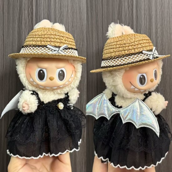 Fashion Labubu Dress Clothes - Melna kleita “Lidojošā Lēdija” ar spārniem un cepurīti - Labubu apģērbs