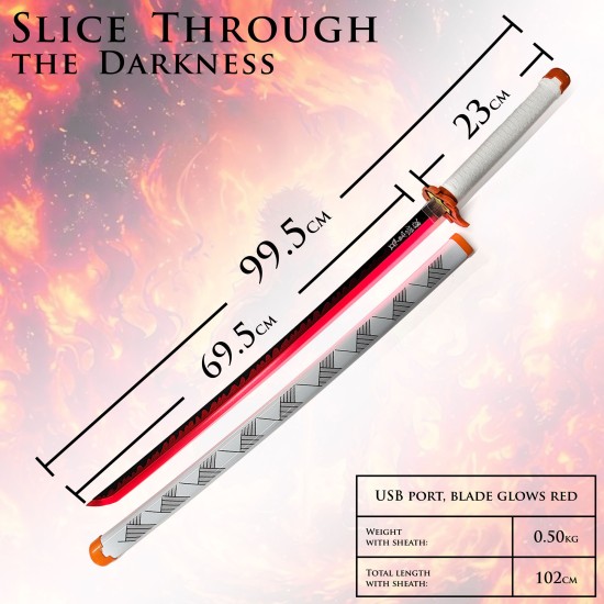 Demon Slayer Carbon Steel with LED Kimetsu no Yaiba - Rengoku Kyoujurou Sword 99,5cm - Oglekļa Tērauda Zobens ar LED (Katana)