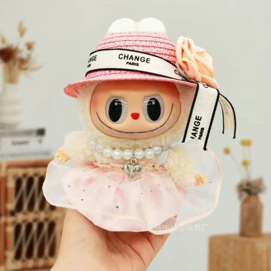 Fashion The Monsters Dress Clothes – Gaiši rozā kleita ar salmu cepuri un pērļu kaklarotu – Apģērbs Labubu