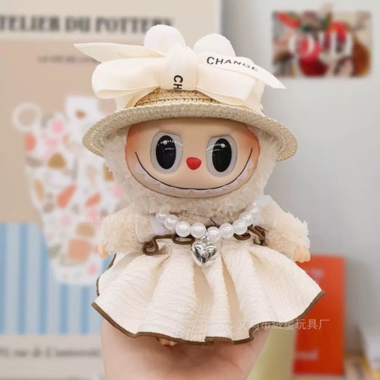 Fashion The Monsters Dress Clothes – Krēmkrāsas kleita ar salmu cepuri un pērļu kaklarotu – Apģērbs Labubu