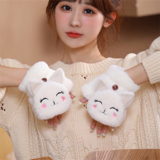 Kawaii Style Cute Fold-Back Mittens with Cartoon Cat for Teenagers - Белые - Откидные варежки с мультяшным котиком для подростков