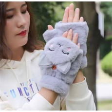 Kawaii Style Cute Fold-Back Mittens with Cartoon Cat for Teenagers - Серые - Откидные варежки с мультяшным котиком для подростков