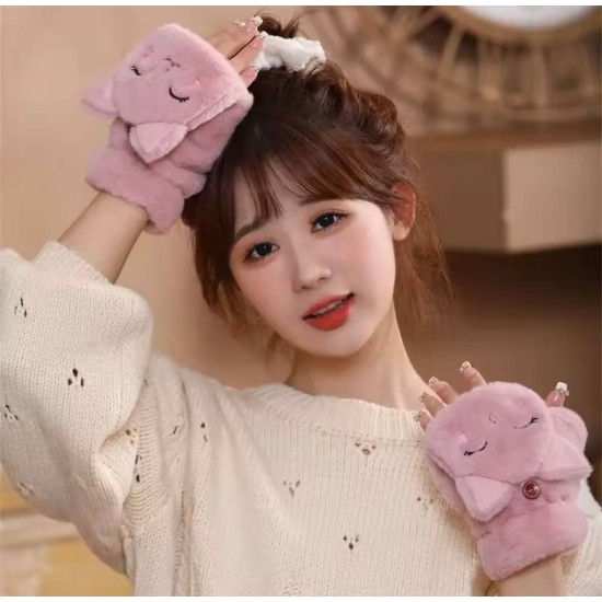 Kawaii Style Cute Fold-Back Mittens with Cartoon Cat  for Teenagers - Розовые - Откидные варежки для подростков с мультяшным котиком